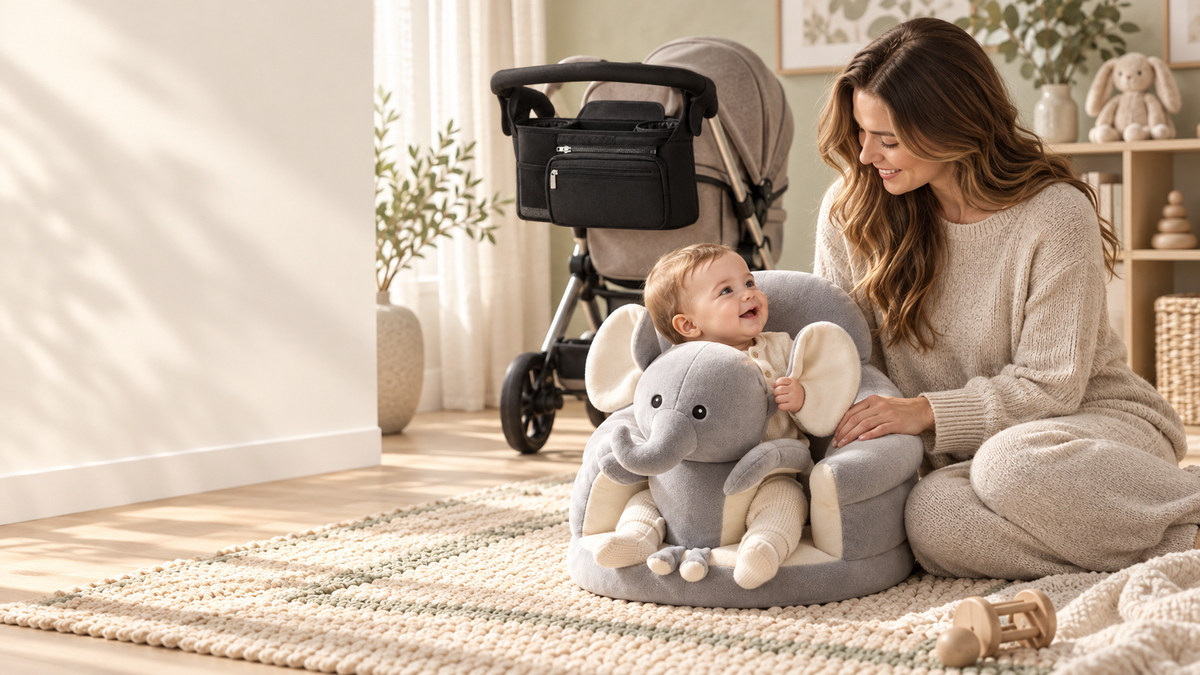 A woman sits on a woven rug in a bright nursery, holding a baby in a plush elephant-shaped seat. A stroller stands behind them against a sunlit window.