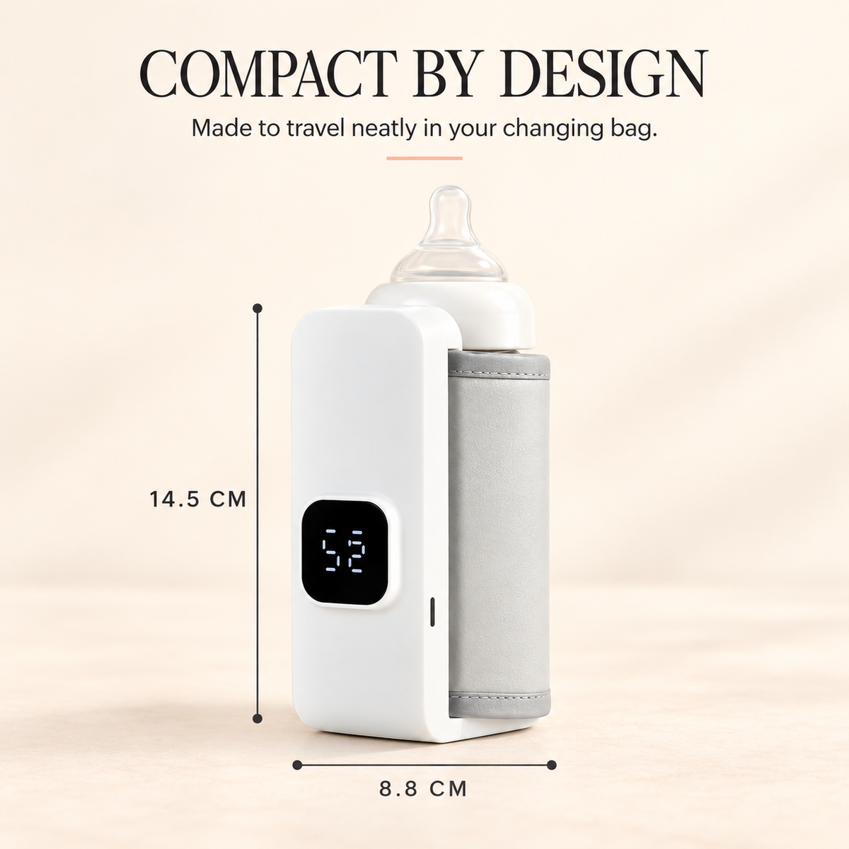 FeedReady compact bottle warmer dimensions showing 14.5 cm by 8.8 cm