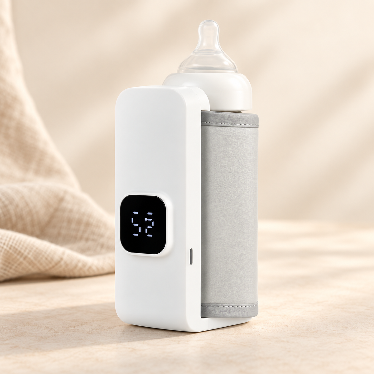 FeedReady portable baby bottle warmer in white and grey with digital temperature display