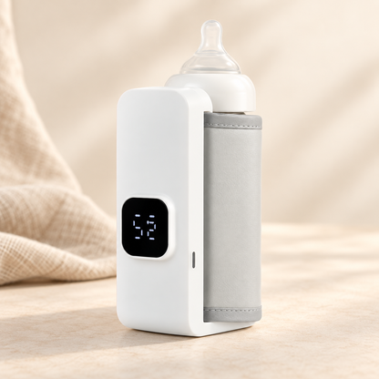 FeedReady portable baby bottle warmer in white and grey with digital temperature display