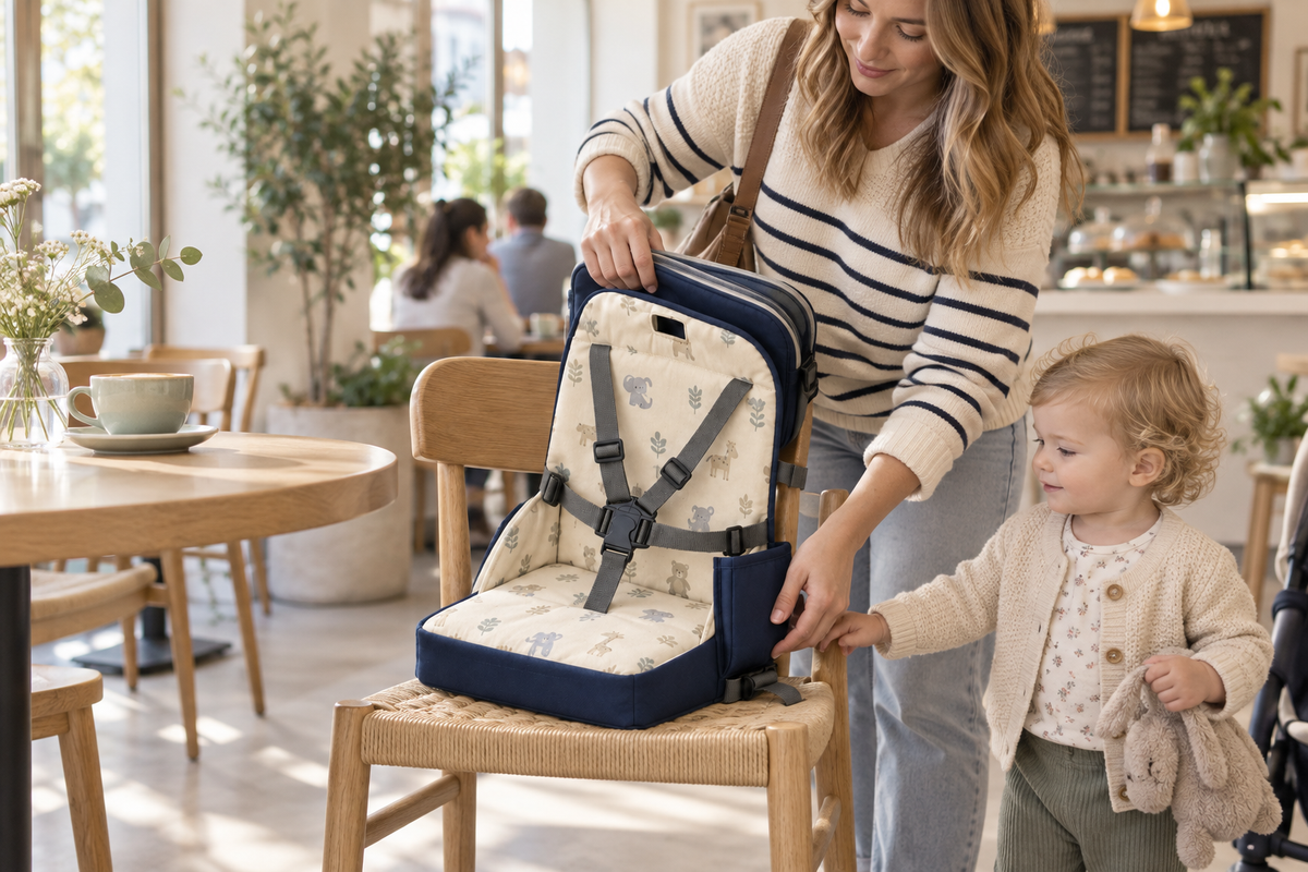 Parent unfolding the FoldGo portable toddler booster seat on a café dining chair