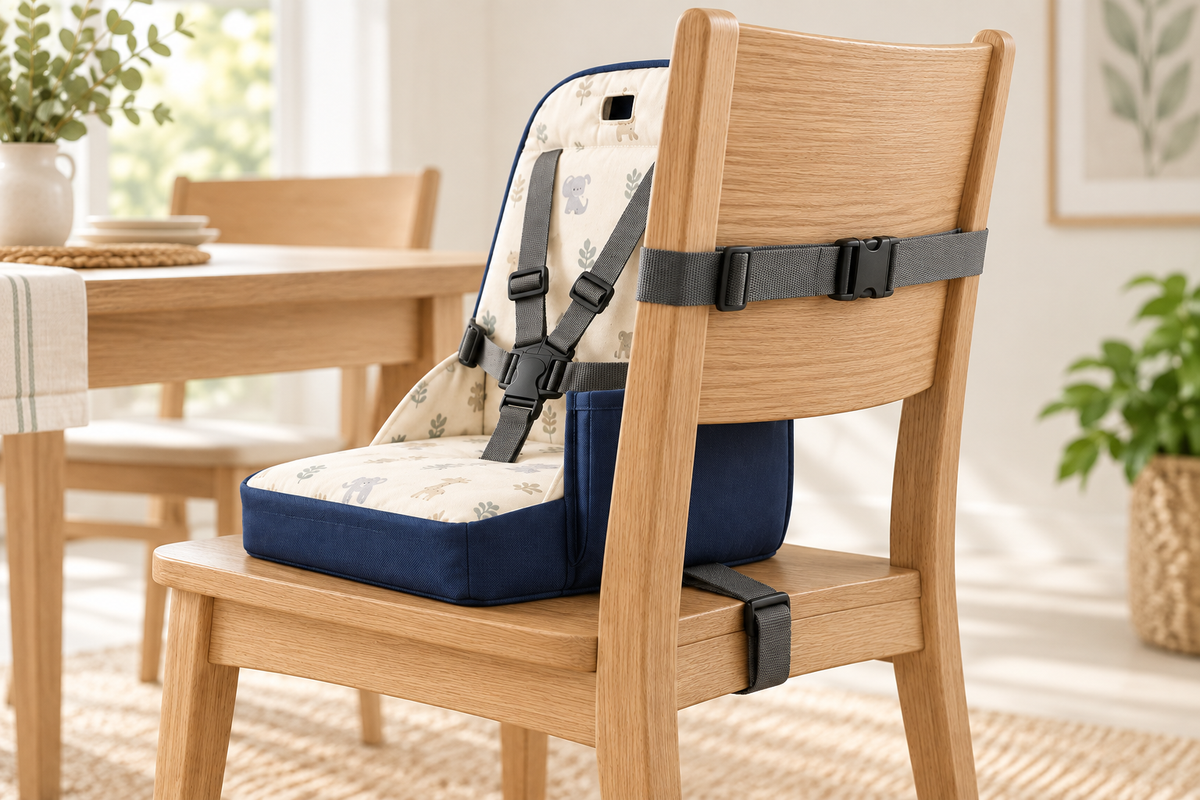 Adjustable FoldGo booster straps wrapped securely around and beneath a wooden dining chair