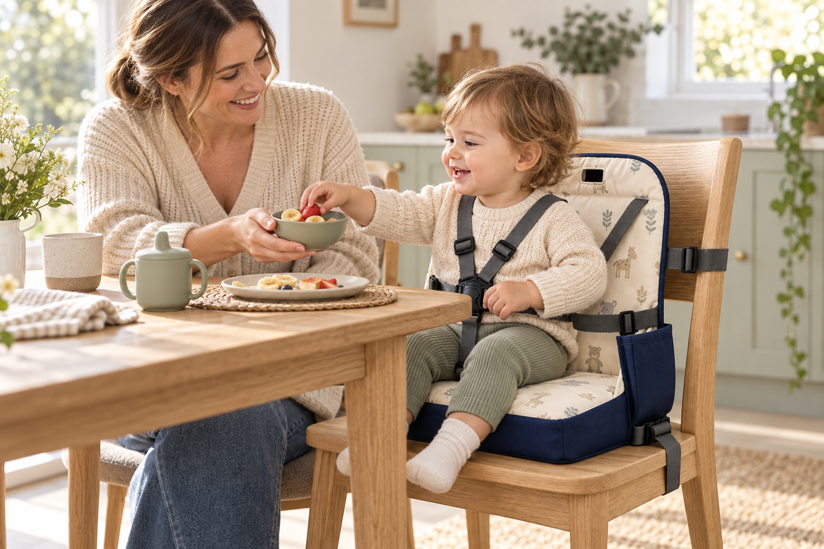Toddler securely seated in the FoldGo travel booster while sharing breakfast with a parent
