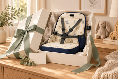 FoldGo portable booster seat presented as a practical gift for parents in premium packaging