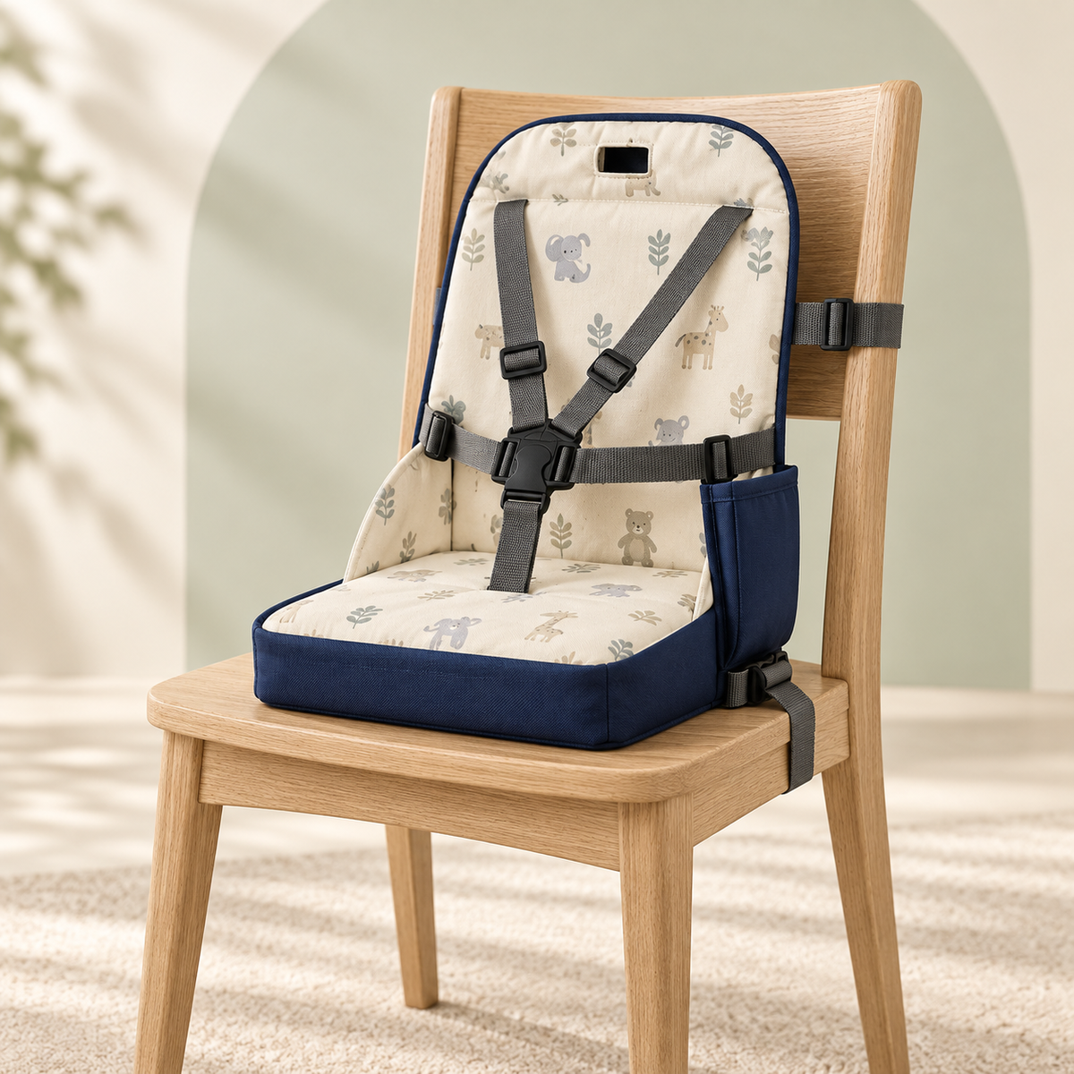 FoldGo travel booster seat secured to a wooden dining chair in a neutral family home