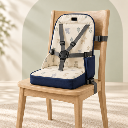 FoldGo travel booster seat secured to a wooden dining chair in a neutral family home