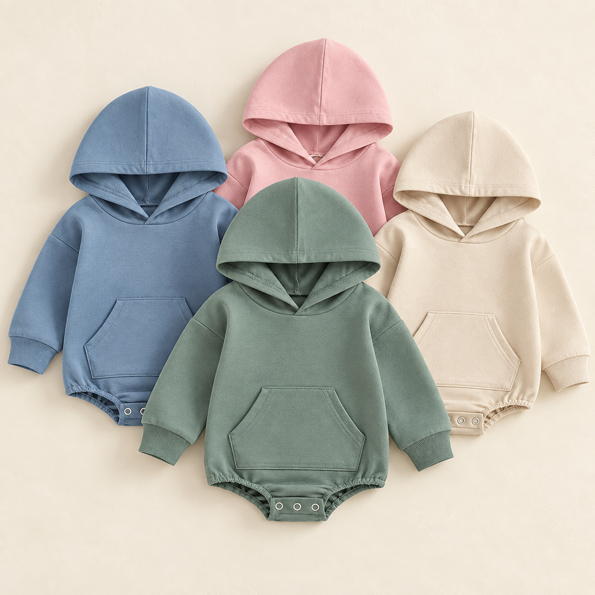 The Hiccups Hoodie baby romper shown in dusty blue, sage green, blush pink and oatmeal beige.