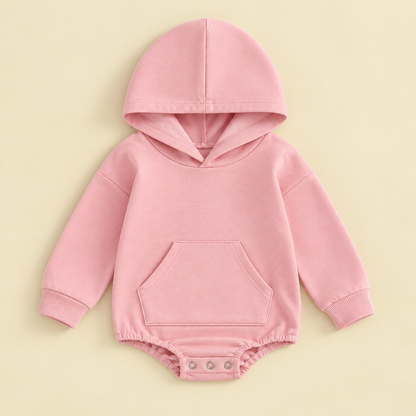Blush pink Hiccups Hoodie baby romper with soft hood, kangaroo pocket and three-popper changing access.