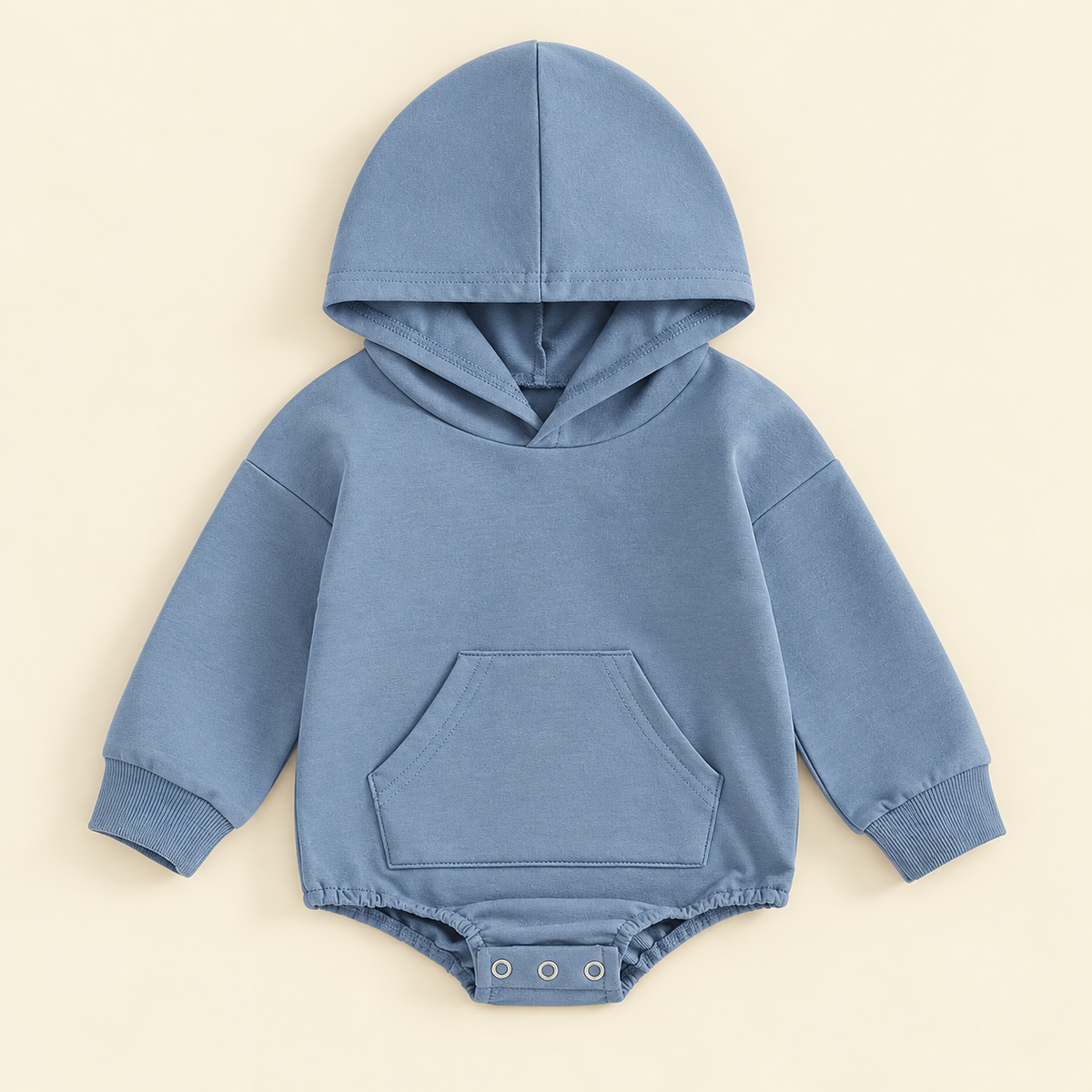 Dusty blue Hiccups Hoodie baby romper laid flat, showing the hood, kangaroo pocket and popper changing access.