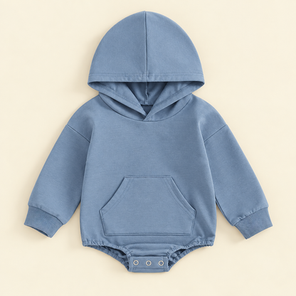 Dusty blue Hiccups Hoodie baby romper laid flat, showing the hood, kangaroo pocket and popper changing access.
