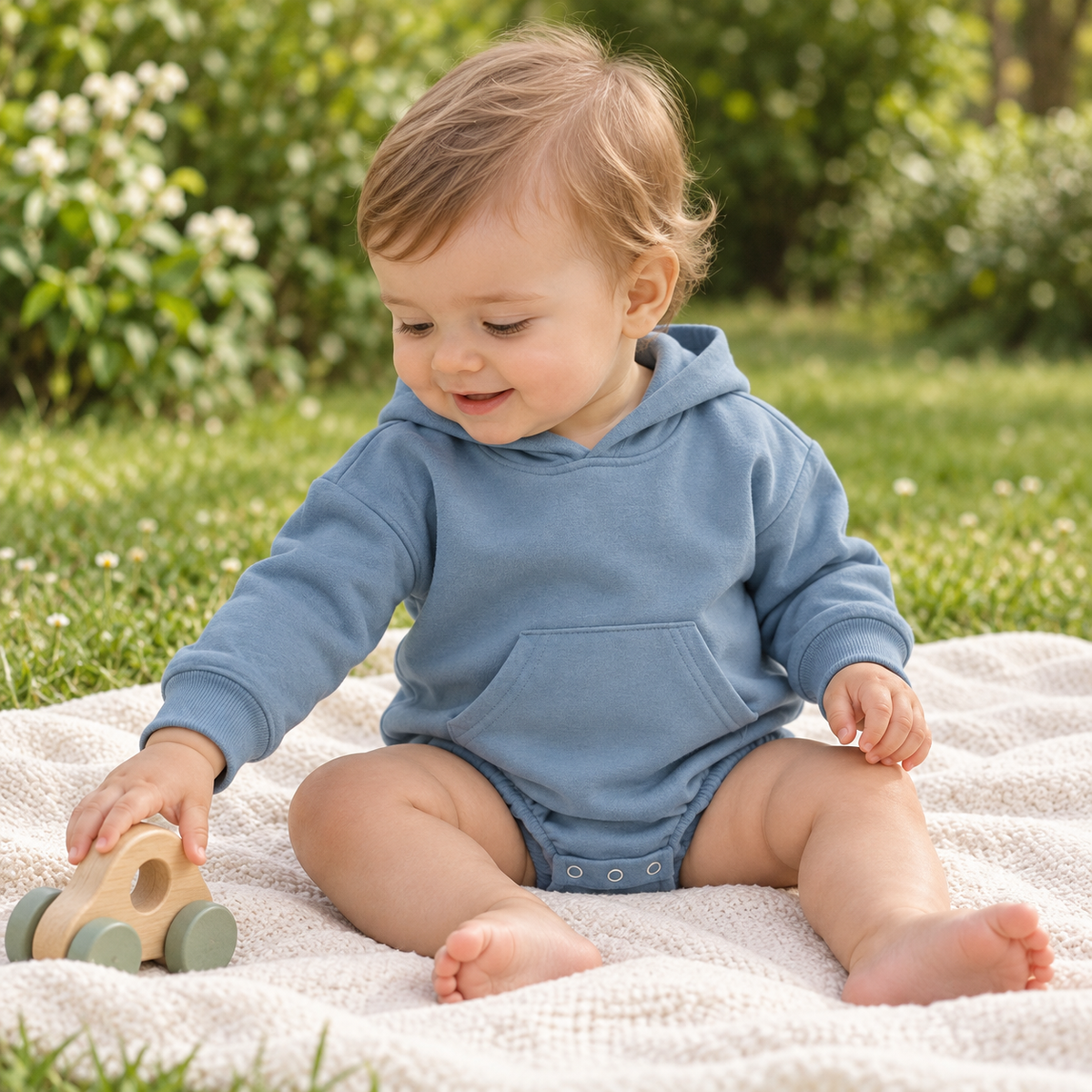 Baby wearing the dusty blue Hiccups Hoodie romper outdoors, with the hooded one-piece clearly visible.
