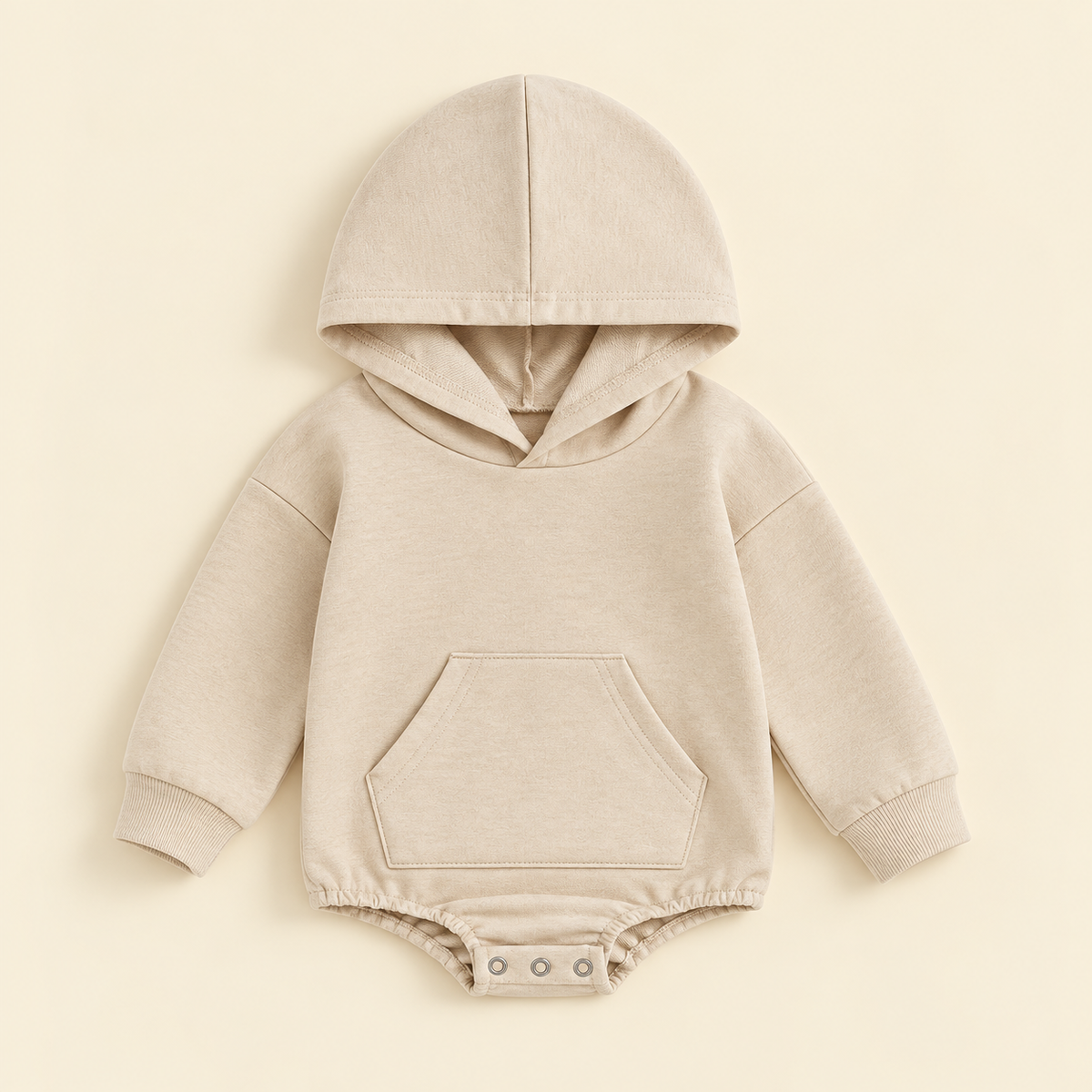 Oatmeal beige Hiccups Hoodie baby romper with long sleeves, ribbed cuffs, kangaroo pocket and popper access.