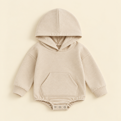 Oatmeal beige Hiccups Hoodie baby romper with long sleeves, ribbed cuffs, kangaroo pocket and popper access.