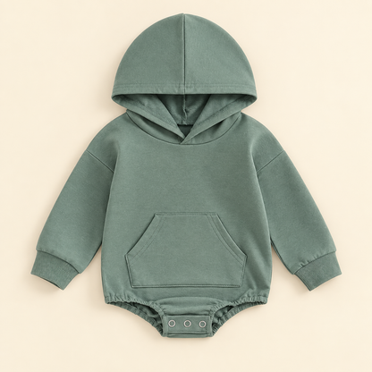 Sage green Hiccups Hoodie baby romper with hood, kangaroo pocket, ribbed cuffs and popper changing access.
