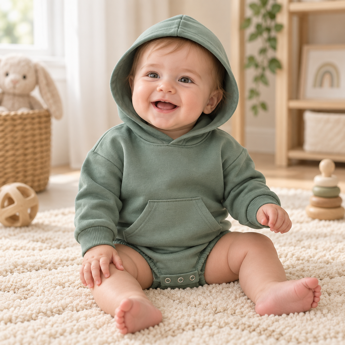 Smiling baby wearing the sage green Hiccups Hoodie romper while sitting in a bright, calm nursery.