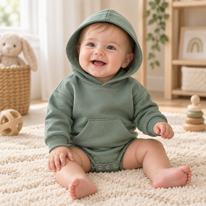 Smiling baby wearing the sage green Hiccups Hoodie romper while sitting in a bright, calm nursery.