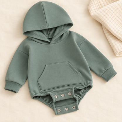 Close-up of the Hiccups Hoodie baby romper showing its three-popper access for quicker nappy changes.