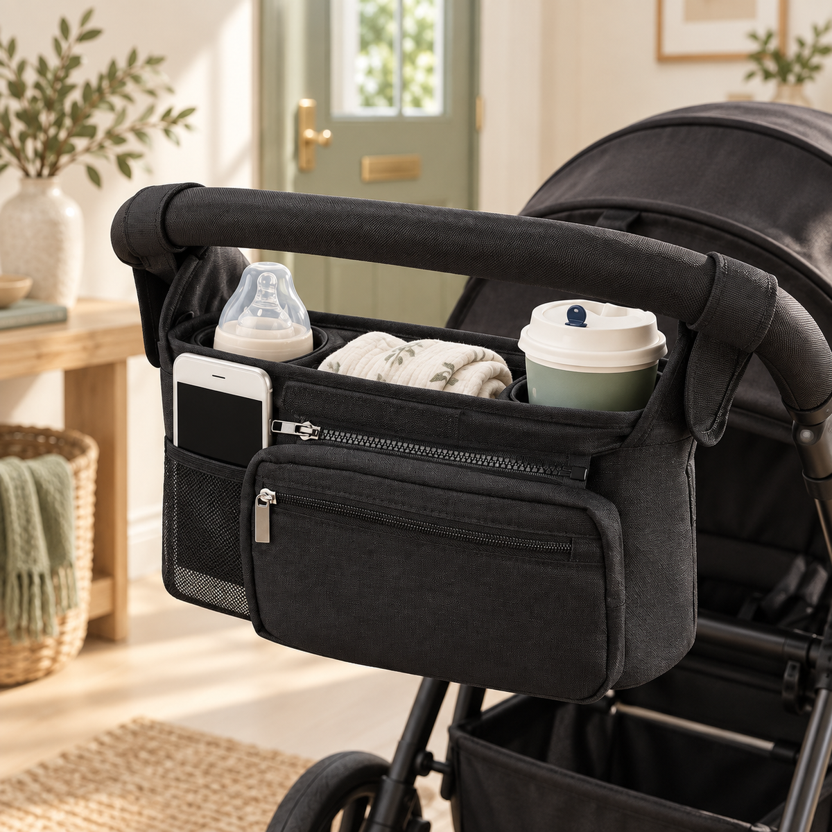 A black fabric stroller organizer hanging from a stroller handle in a bright indoor room. The organizer has mesh side pockets holding a baby bottle, a smartphone, a folded blanket, and a takeaway coffee cup, with a front zippered pocket.