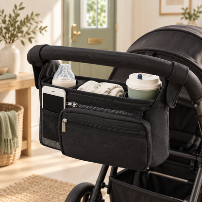 A black fabric stroller organizer hanging from a stroller handle in a bright indoor room. The organizer has mesh side pockets holding a baby bottle, a smartphone, a folded blanket, and a takeaway coffee cup, with a front zippered pocket.